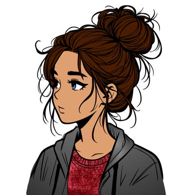 realistic teenage girl with a messy bun