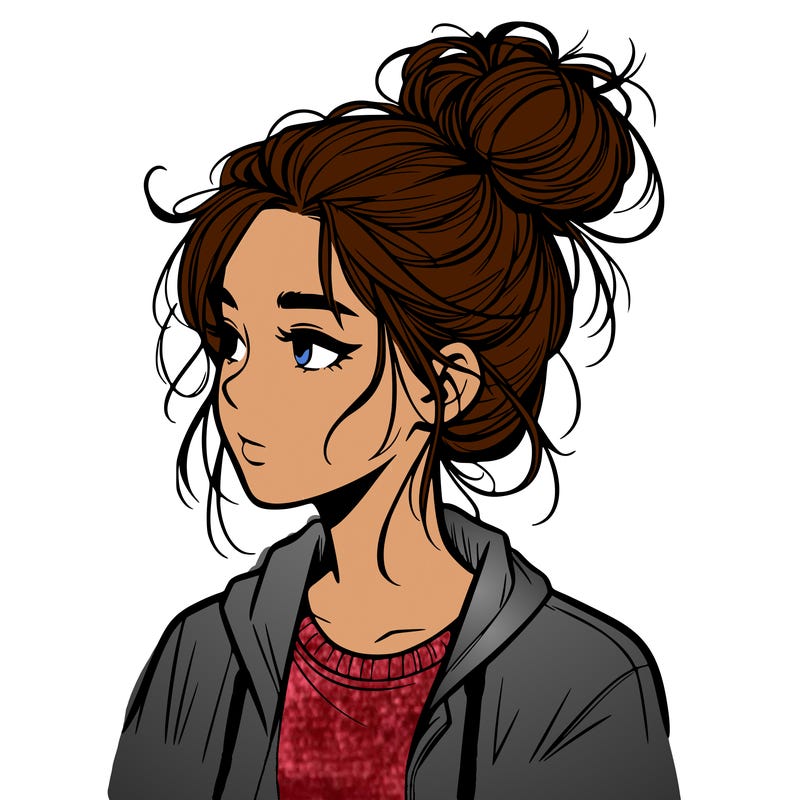 realistic teenage girl with a messy bun