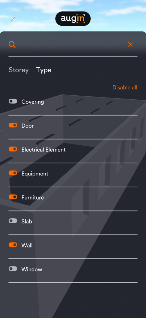 Augin - Interface do aplicativo Augin mostrando filtros de elementos do modelo 3D como paredes, portas e elementos elétricos