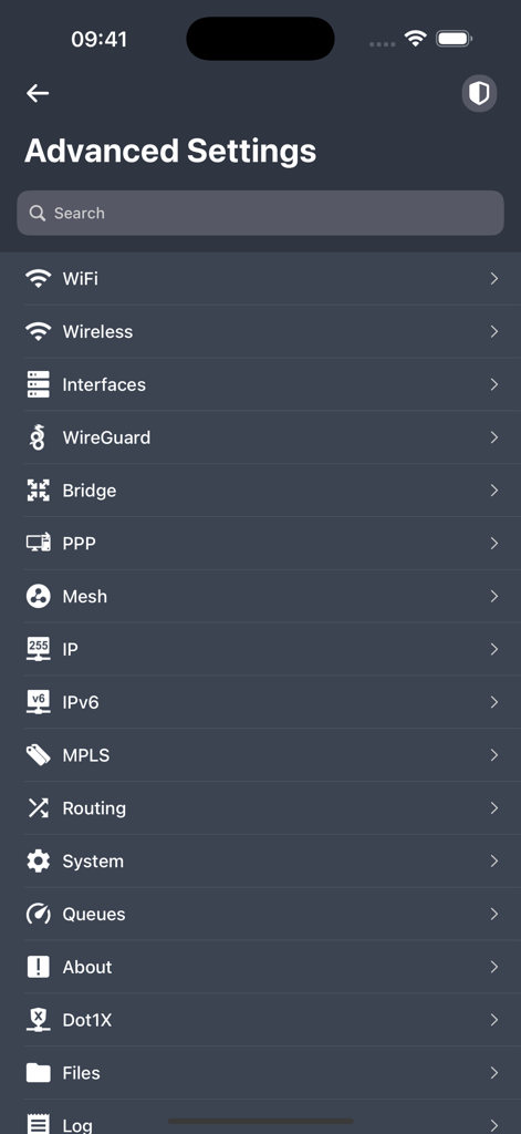 Advanced settings menu in the MikroTik app showing networking configuration options like WiFi IP and Routing
