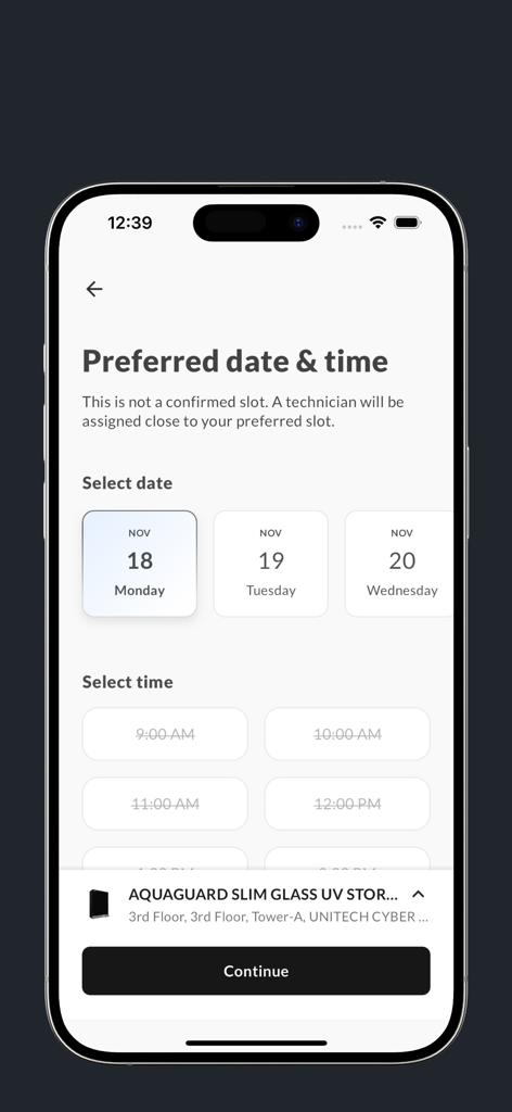 Eureka Forbes Aquaguard app interface for selecting a preferred service date and time slot