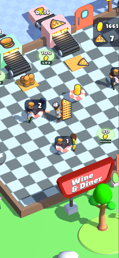 Cooking Craft - A character carrying a stack of pizzas to customers in a restaurant management game.
