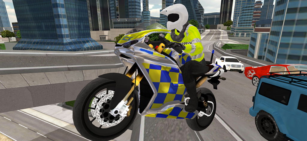 Police Motorbike Simulator 3D - A police officer on a checkered motorbike jumping over city traffic in a 3D simulation.