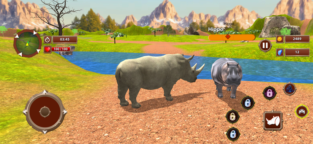 Virtual Wild Rhino Family Sim - Gameplay of a rhino and hippo in the Virtual Wild Rhino Family Sim game.