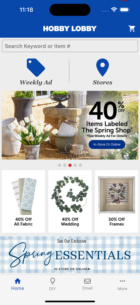 Hobby Lobby app home screen displaying weekly ads, store locator, and seasonal craft supply discounts.