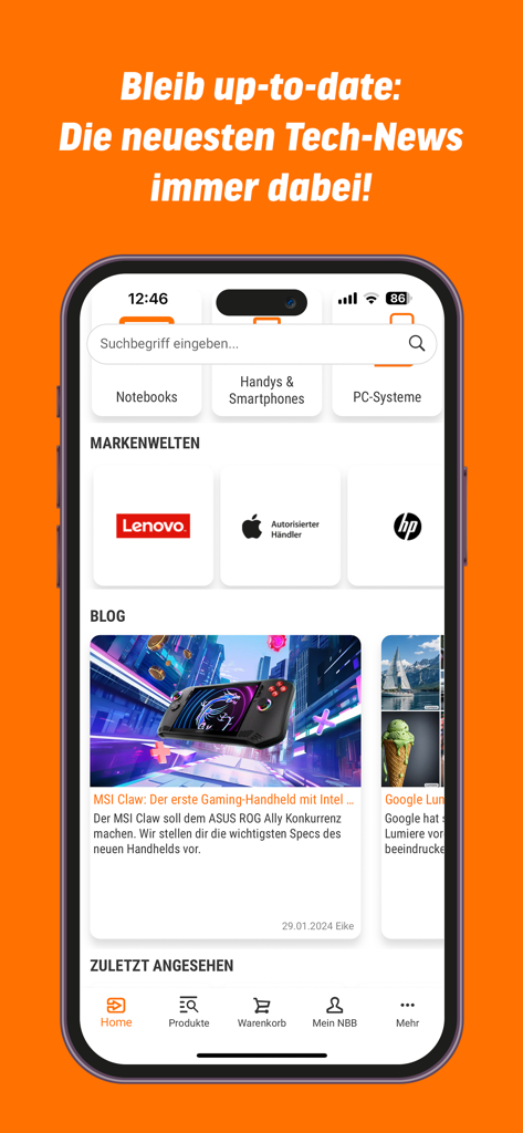 La pantalla de inicio de la aplicación notebooksbilliger.de con una sección de noticias tecnológicas, logotipos de marcas como Lenovo y Apple, y una barra de búsqueda de productos.
