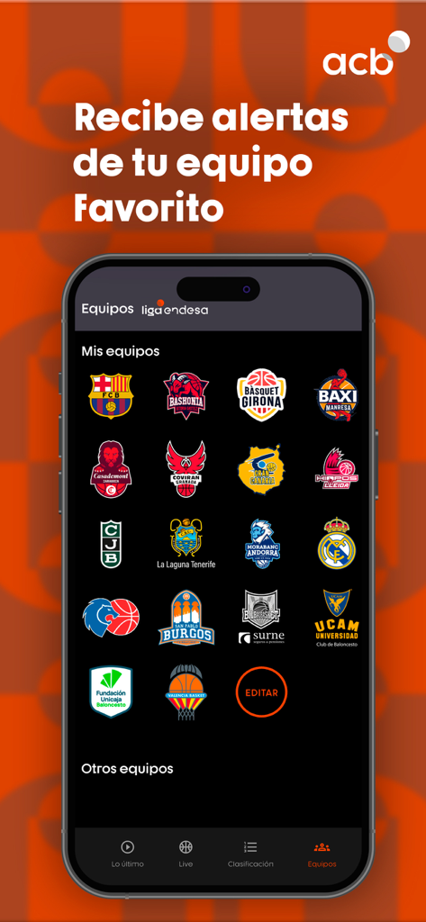 Pantalla de aplicación móvil que muestra varios logotipos de equipos de baloncesto españoles para seleccionar alertas de equipos favoritos