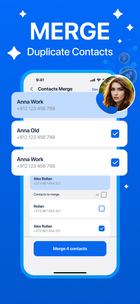 Interface of the AI Photo Cleaner app showing the Contact Manager feature to merge duplicate contacts.