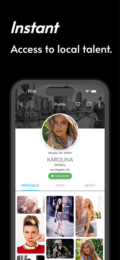 Pro Photo Shoot - Professional model profile page featuring a portfolio grid on the Pro Photo Shoot mobile app