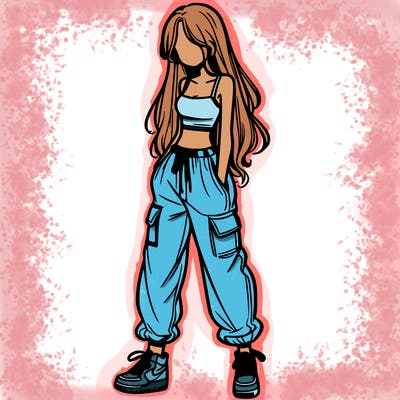 girl in baggy pants crop top and long hair