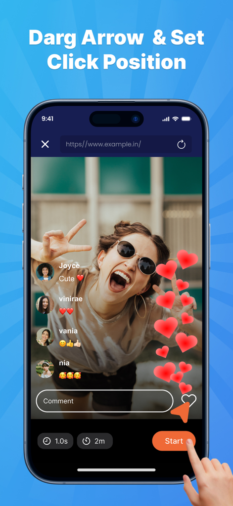 Auto Clicker - Simple Tapper - Interface showing how to drag an arrow to set a click position for automated tapping on an iPhone