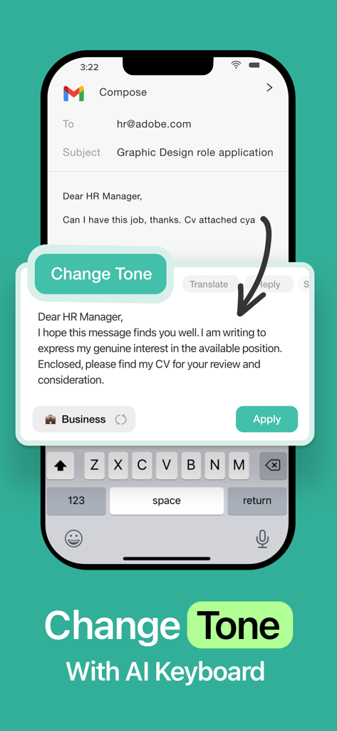 AI Keyboard - Orki - Orki AI Keyboard app interface showing a casual email being converted to a professional business tone