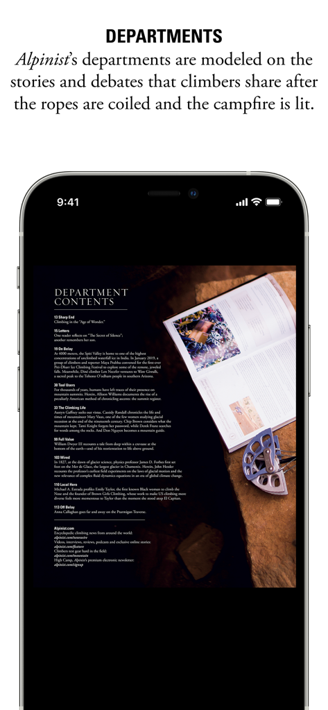 Inhaltsseite der Alpinist Magazine App, die verschiedene Kletterabteilungen und Artikel auflistet.