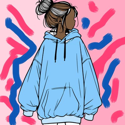 realistic girl with a oversized sweatshirt on and a bun