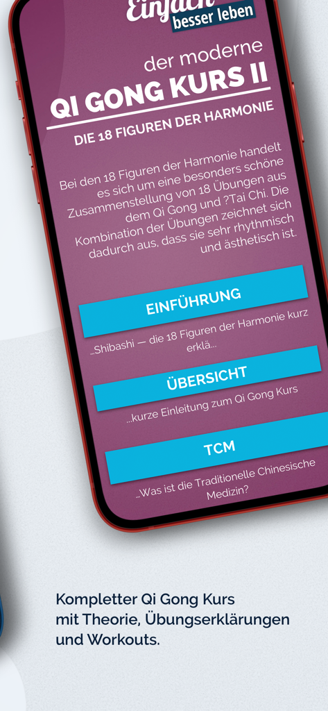 Menú principal de la aplicación Qi Gong Kurs II mostrando opciones para una visión general de la introducción e información de la MTC