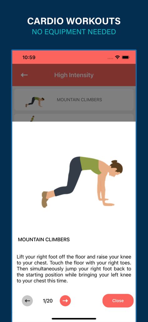 モバイルフィットネスアプリで、指示付きのマウンテンクライマーエクササイズのデモンストレーション