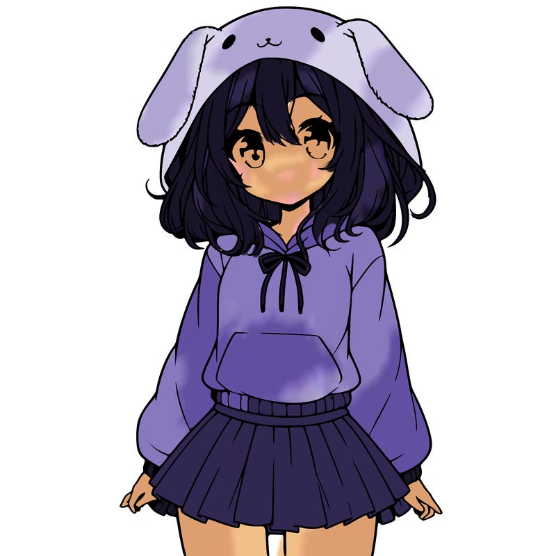 pretty anime girl wearing a fluffy hoodie with bunny ears on the hood and a skirt