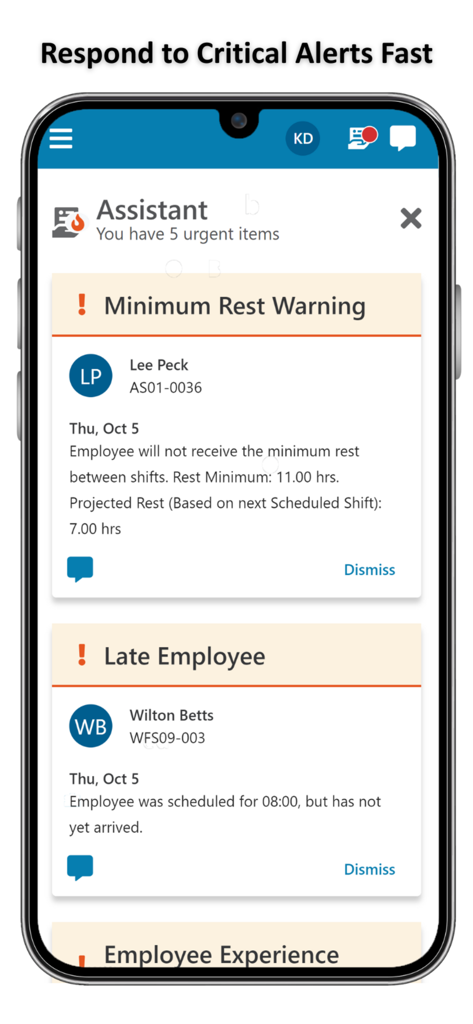 WorkForce Suite - El panel del Asistente de WorkForce Suite muestra alertas urgentes de advertencias de descanso mínimo y empleados que llegan tarde.