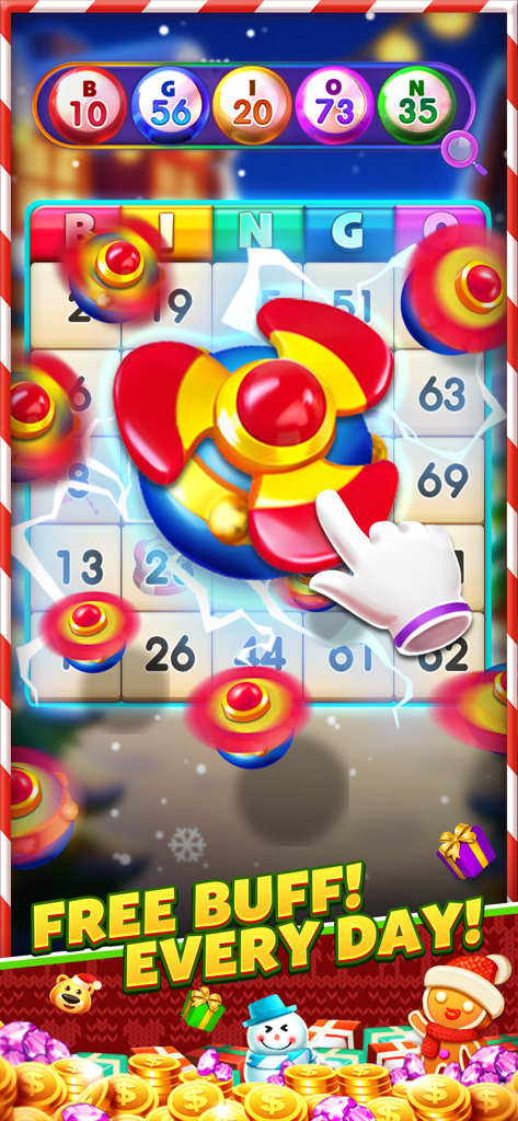 Live Party Bingo -Casino Bingo - Una schermata di gioco del bingo che mostra una cartella del bingo con un grande potenziamento e la scritta "omaggio giornaliero ogni giorno"