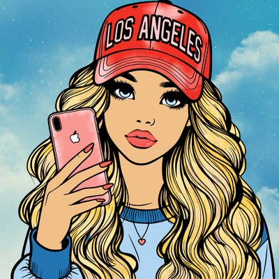 realistic beautiful girl wearing los ángeles cap holding an iphone