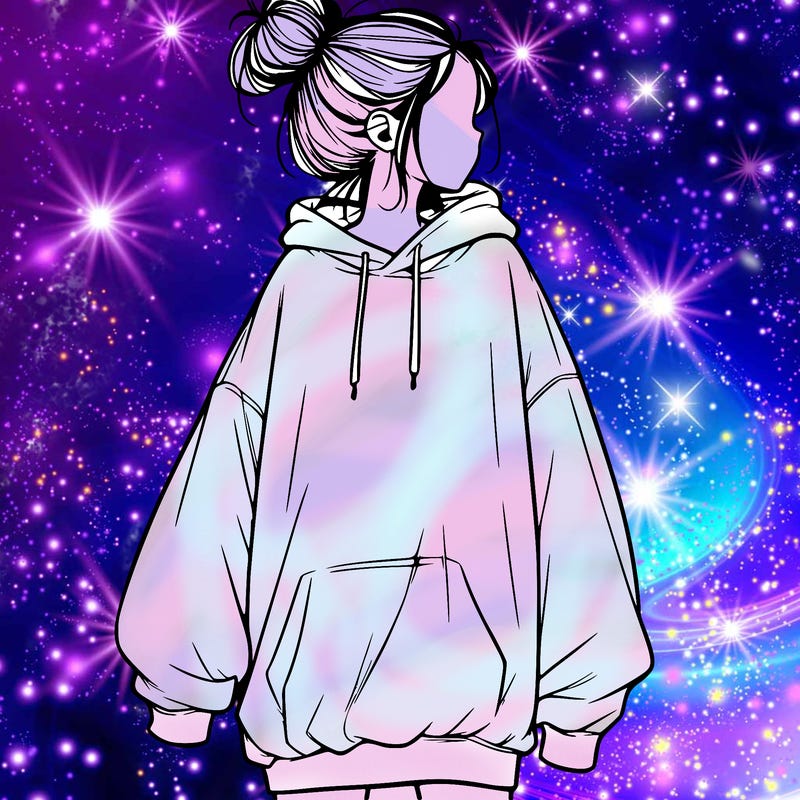 realistic girl with a oversized sweatshirt on and a bun