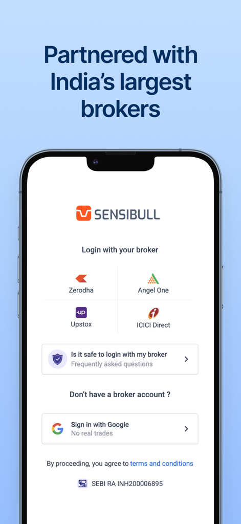 Sensibull app login screen showing partnerships with major Indian brokers including Zerodha, Angel One, Upstox, and ICICI Direct.