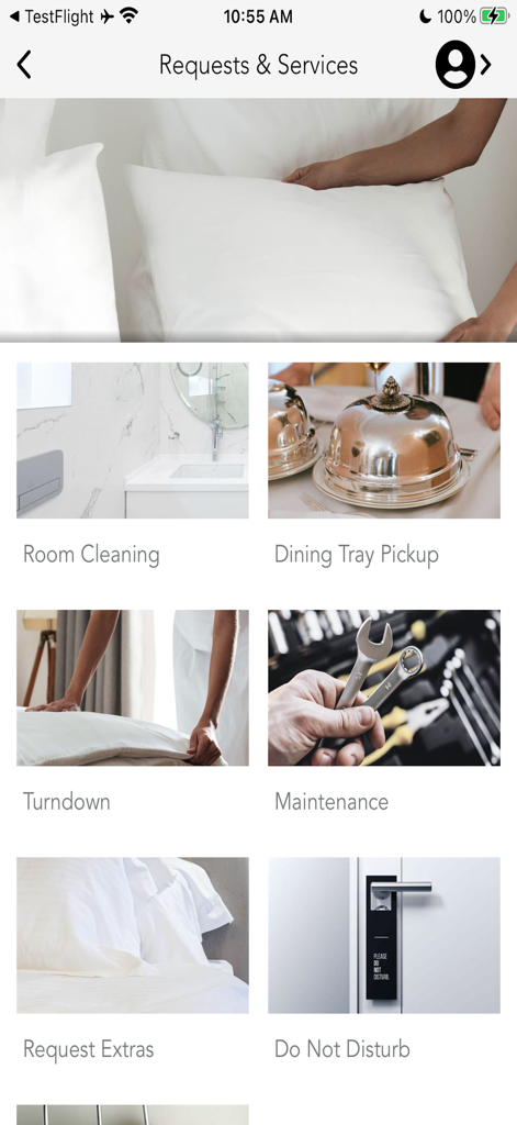 Interfaz de la aplicación Grace Bay Resorts para solicitudes de huéspedes y servicios del hotel