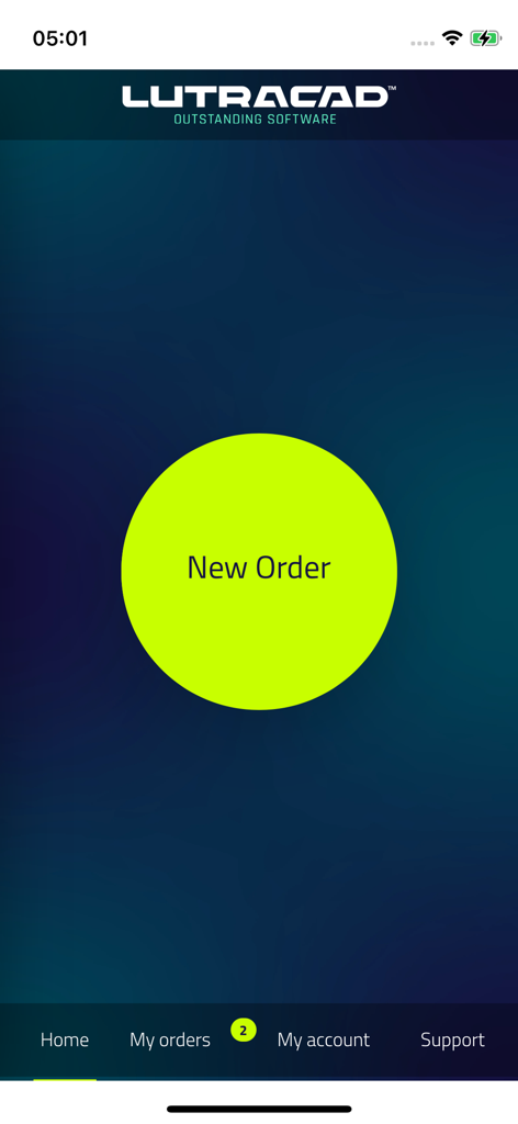 LutraCAD TrueScan app home screen featuring a large green New Order button