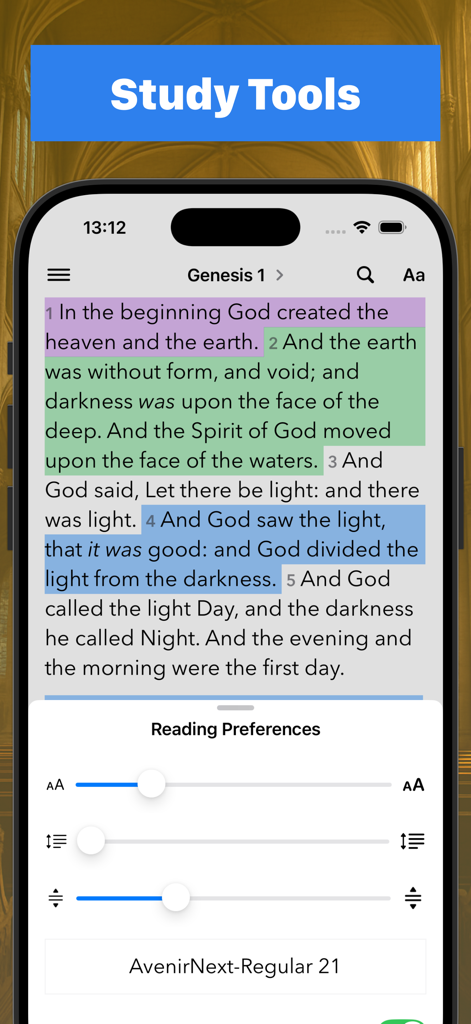 HOLY BIBLE - Any Version - Interfaz de la aplicación Santa Biblia mostrando los aspectos destacados de las escrituras y la configuración de la fuente