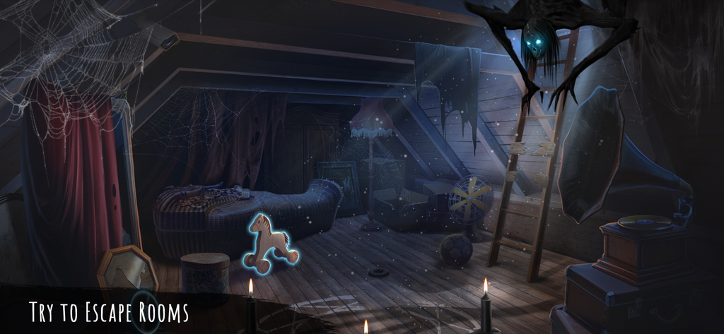 Scary Horror 2: Escape Room - A creepy attic with a monster on the ceiling and a glowing toy horse in a horror escape game.