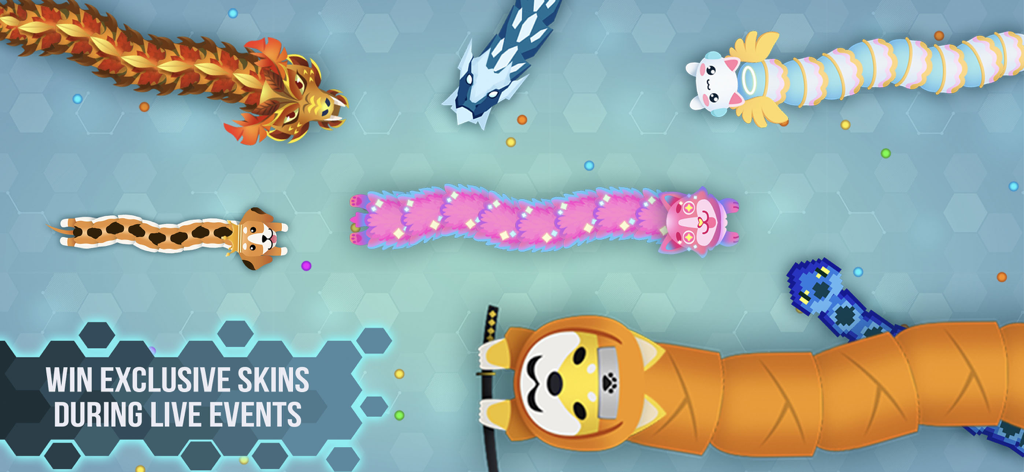 Eine Vielzahl bunter, individueller Schlangen-Skins im Spiel Snake.io zur Bewerbung von Live-Events