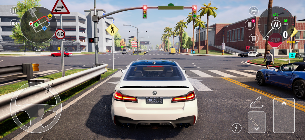 Third-person view of a white car waiting at a red light in a city driving simulation game.
