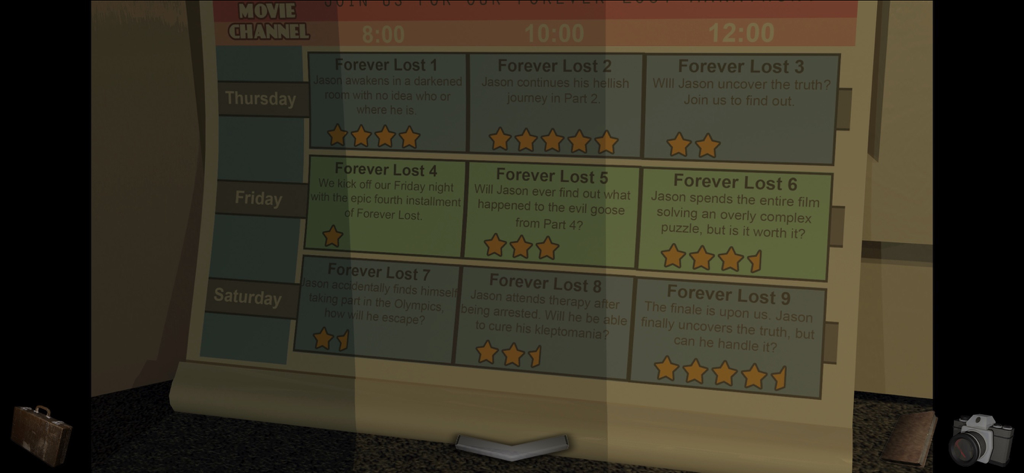 A Short Tale - A close up of an in-game TV schedule clue featuring movie titles and star ratings for a puzzle.