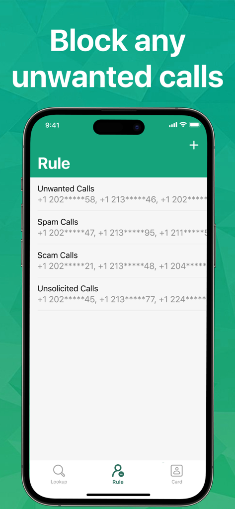 Number Book: Caller ID & Block - Interfaz de la aplicación Number Book que muestra las reglas de bloqueo de llamadas para spam y estafas.