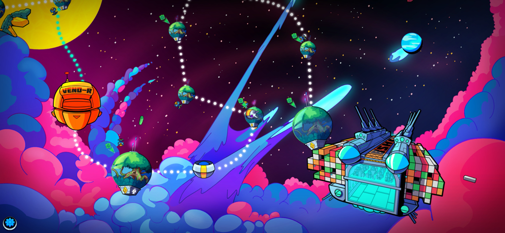 Um mapa espacial vibrante do Levelhead mostrando uma nave de entrega e vários nós de fases conectados em uma galáxia colorida.