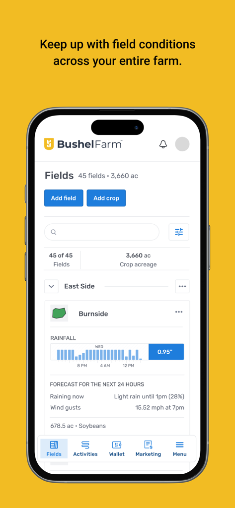 Bushel Farm - Pantalla de smartphone que muestra las condiciones del campo de la aplicación Bushel Farm, incluyendo las previsiones de lluvia y meteorológicas para un campo de soja