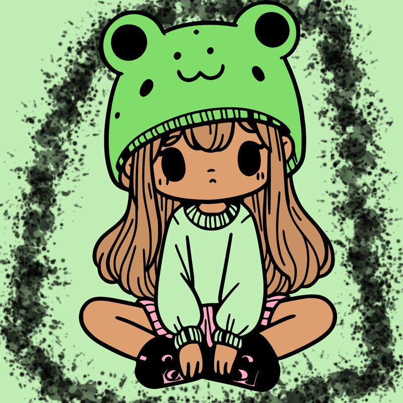 a girl wearing a frog hat and some frog socks