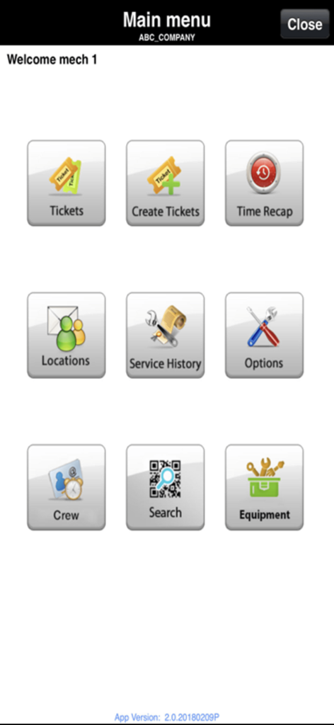 Hauptmenüoberfläche der Mobile Service App mit Raster-Symbolen für Tickets, Zeitzusammenfassung und Servicehistorie.