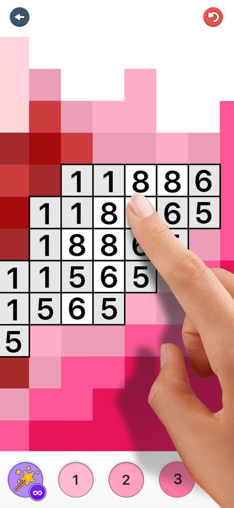 A close up of a hand coloring a pixel art grid by numbers in a mobile app