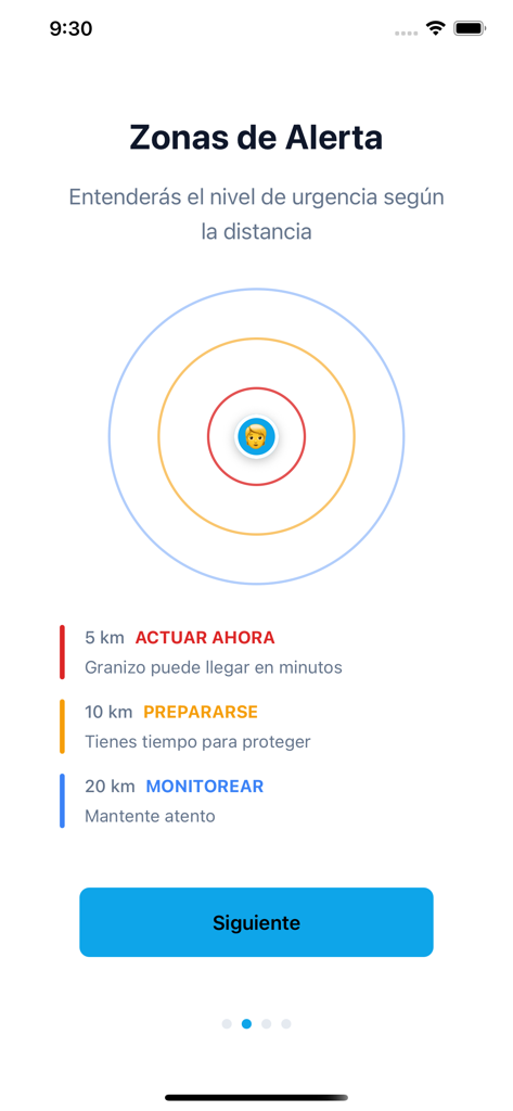 Granizo - Granizo app screen showing hail alert zones based on distance with levels for act now prepare and monitor