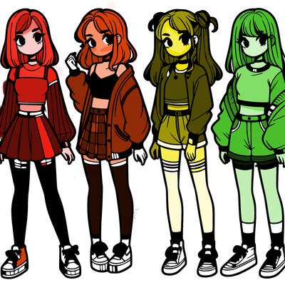 one girl with crop-top shirt and a jacket with a skirt, long socks and another girl with a shirt and pants with a jacket