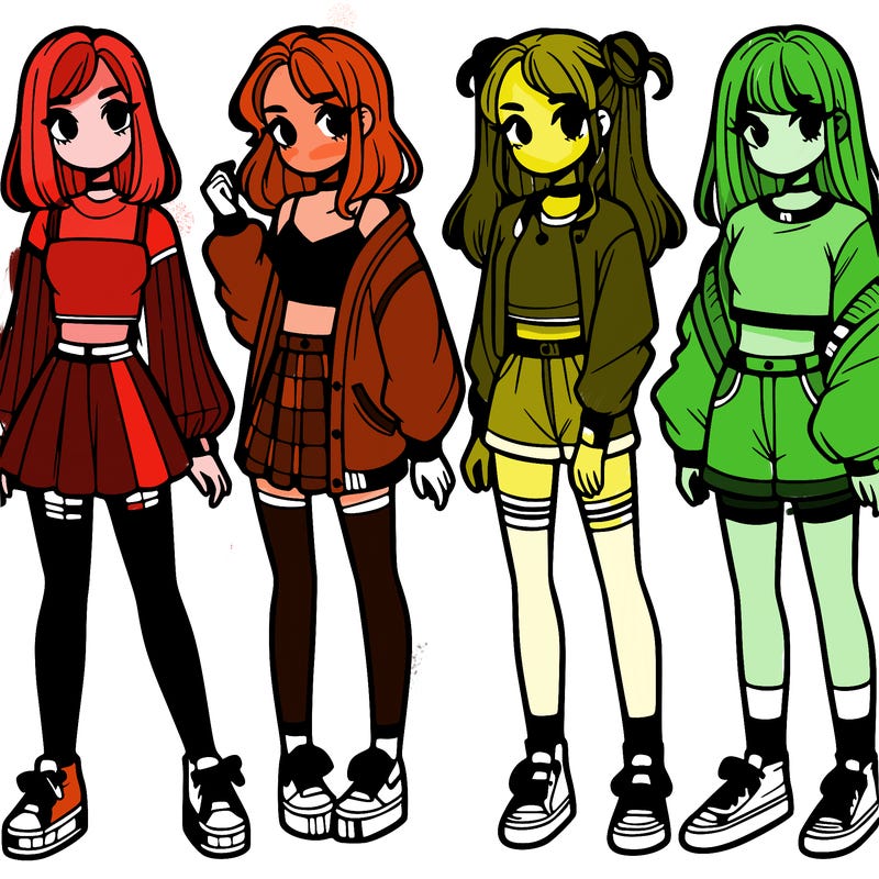 one girl with crop-top shirt and a jacket with a skirt, long socks and another girl with a shirt and pants with a jacket