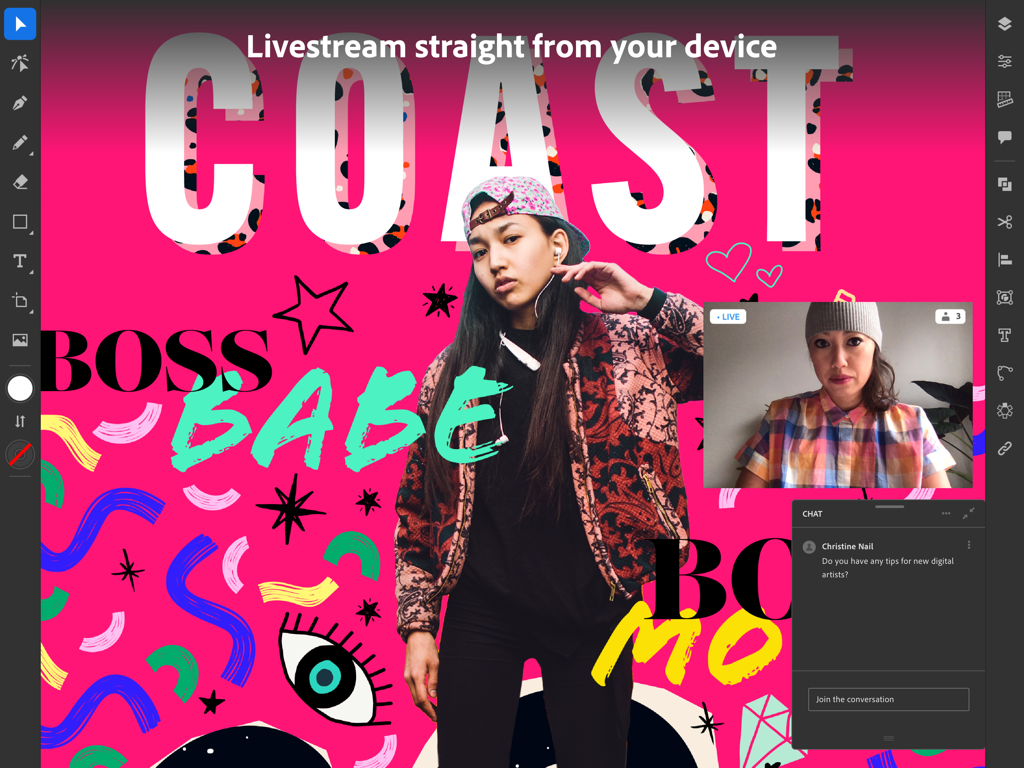 Adobe Illustrator iPad app showing a livestream and community chat.