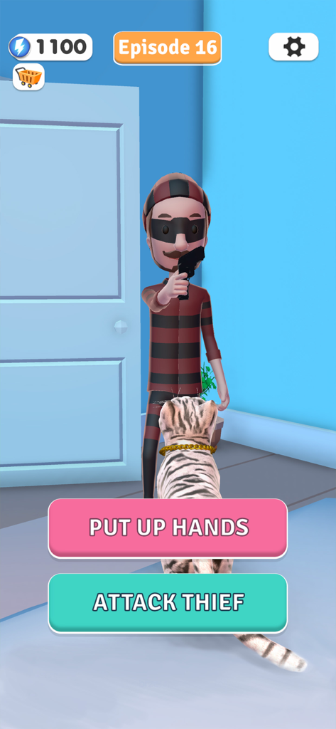 Una captura de pantalla del juego Simulador de Vida Felina donde un gato se enfrenta a un ladrón con opciones para levantar las manos o atacar al ladrón.