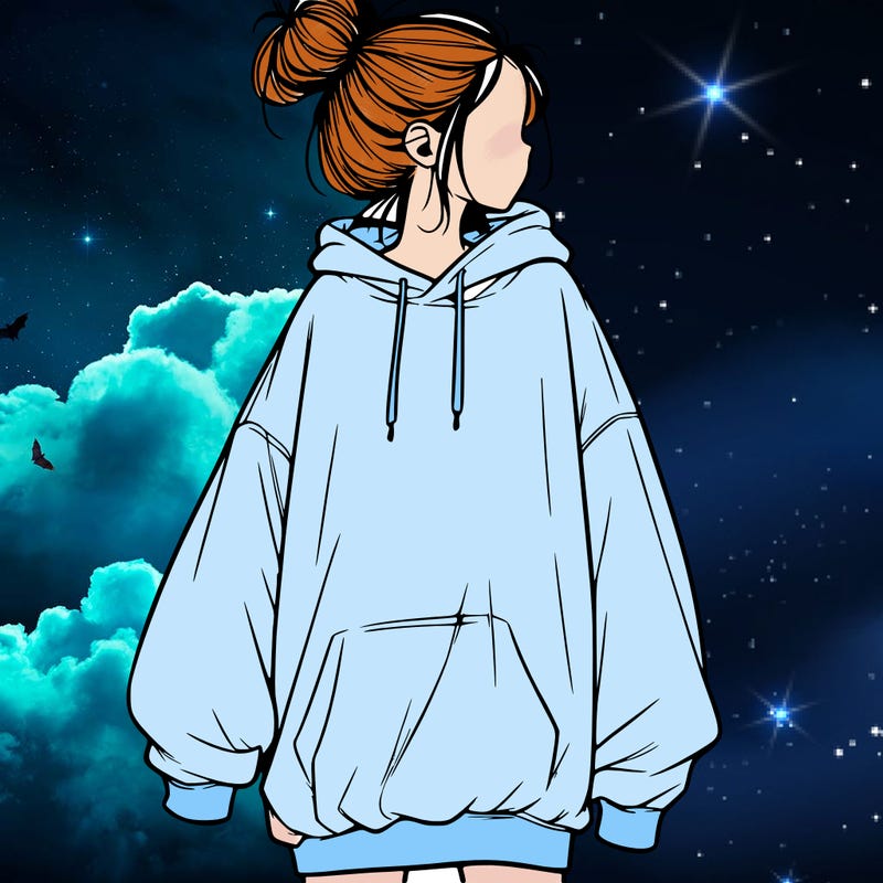 realistic girl with a oversized sweatshirt on and a bun
