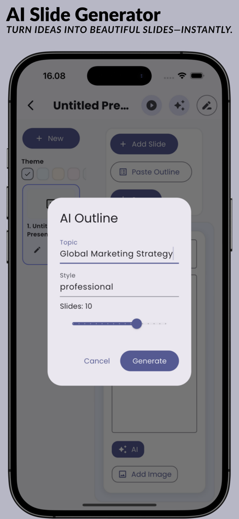 AI Slides : Presentation AI - Interface of the AI Slides app showing a pop up window to generate a presentation outline for a Global Marketing Strategy