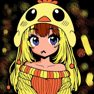 anime girl with chick shaped hat with sweater with bare shoulders with bangs covering them one eye with low tail