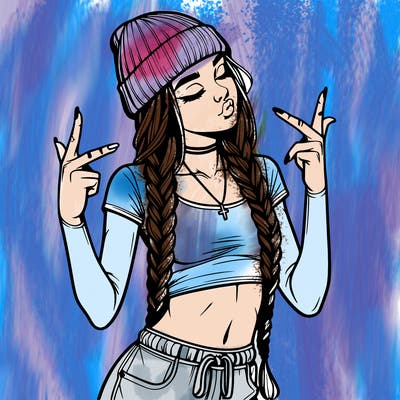 realistic teenage girl with braids and a beanie and crop top doing 🫶🏼