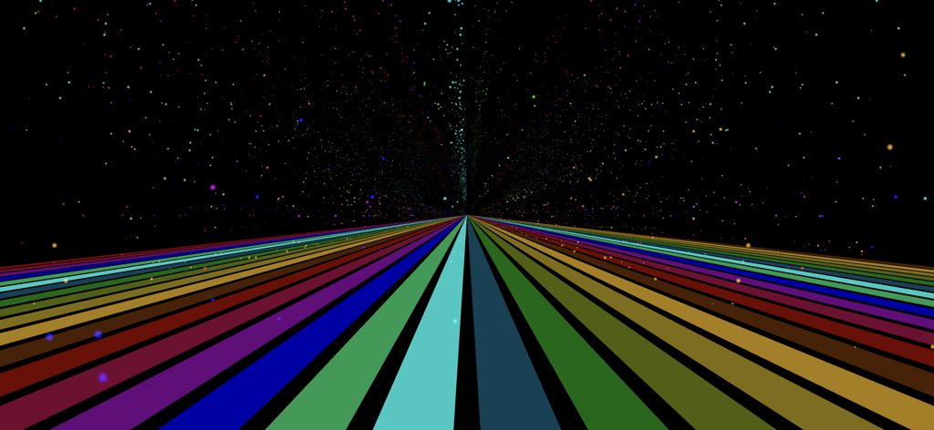 Spatial Music Visualizer - A perspective view of colorful neon light bars and floating particles in a dark digital space.