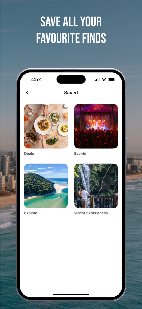 Experience Gold Coast - Mobile screen showing the saved favorites section of the Experience Gold Coast app with categories for deals and events